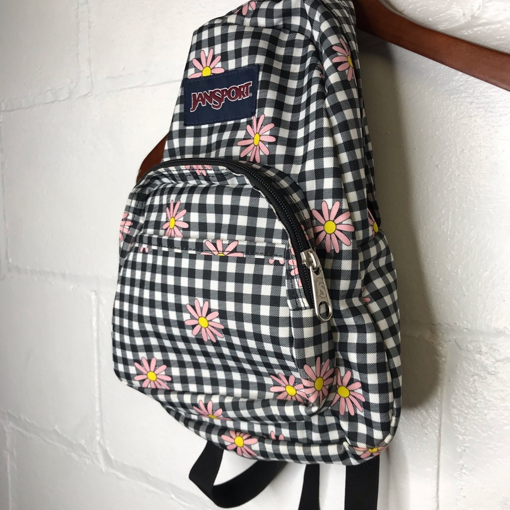 Jansport Mini Half Pint Floral Daisy Print Gingham Black White Backpack Bag - Picture 2 of 8